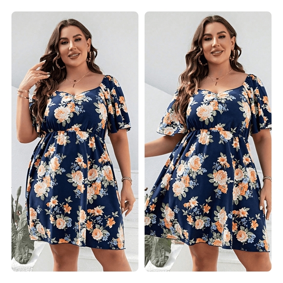 Navy Floral Print Flutter Sleeve Mini Dress - Picture 4 of 5